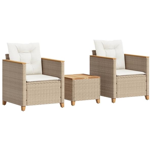 vidaXL bistrosæt 3 dele med hynder polyrattan og akacietræ beige