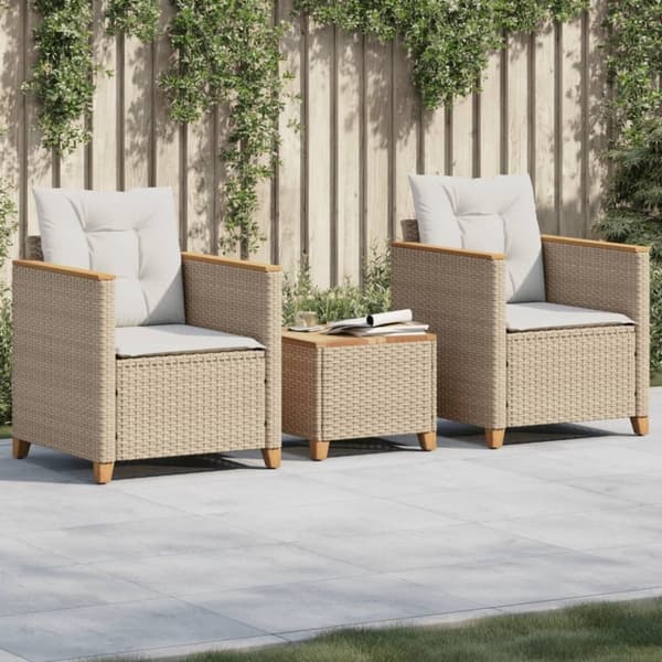 vidaXL bistrosæt 3 dele med hynder polyrattan og akacietræ beige