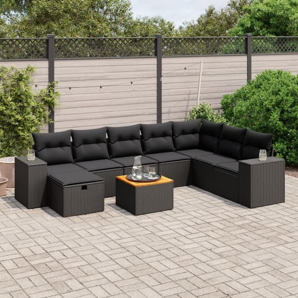 vidaXL sofasæt til haven 9 dele med hynder polyrattan sort