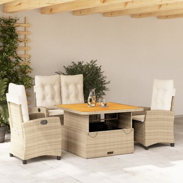 vidaXL spisebordssæt til haven 4 dele med hynder polyrattan beige