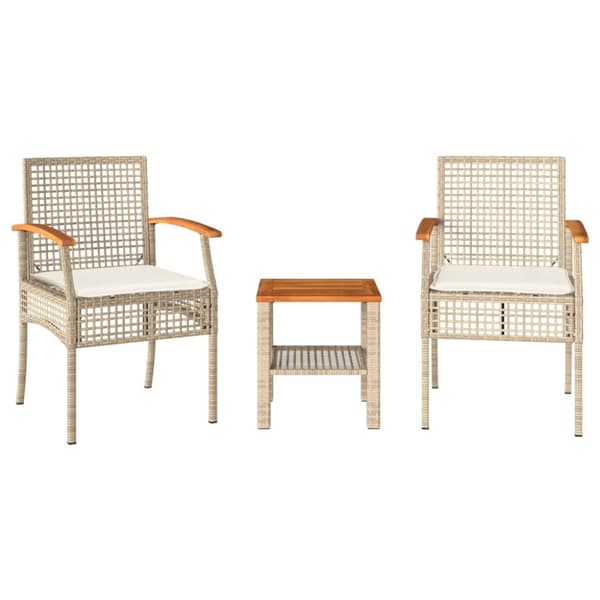 vidaXL bistrosæt 3 dele med hynder polyrattan og akacietræ beige