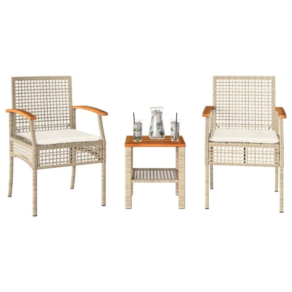 vidaXL bistrosæt 3 dele med hynder polyrattan og akacietræ beige