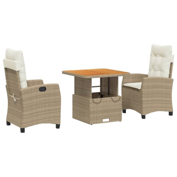 vidaXL spisebordssæt til haven 3 dele med hynder polyrattan beige