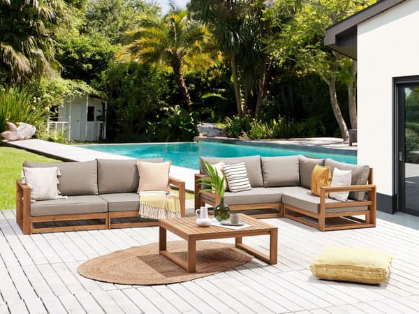 Loungesett Lyst tre Taupe Sertifisert akasietre 4 sitteplasser 2 sofaer 1 sofabord Puter Modulmøbler Moderne design Hage Utemøbler Sittegruppe