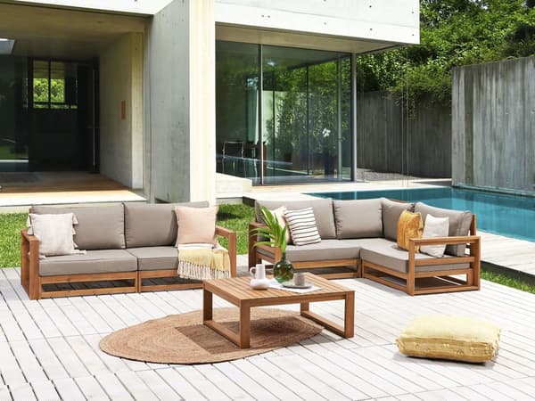 Loungesett Lyst tre Taupe Sertifisert akasietre 4 sitteplasser 2 sofaer 1 sofabord Puter Modulmøbler Moderne design Hage Utemøbler Sittegruppe