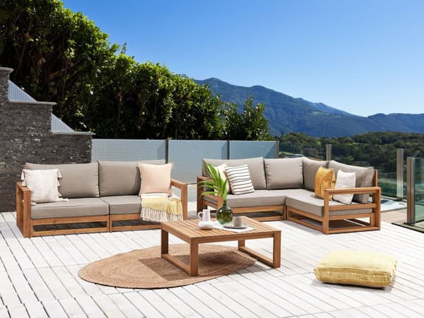 Loungesett Lyst tre Taupe Sertifisert akasietre 4 sitteplasser 2 sofaer 1 sofabord Puter Modulmøbler Moderne design Hage Utemøbler Sittegruppe