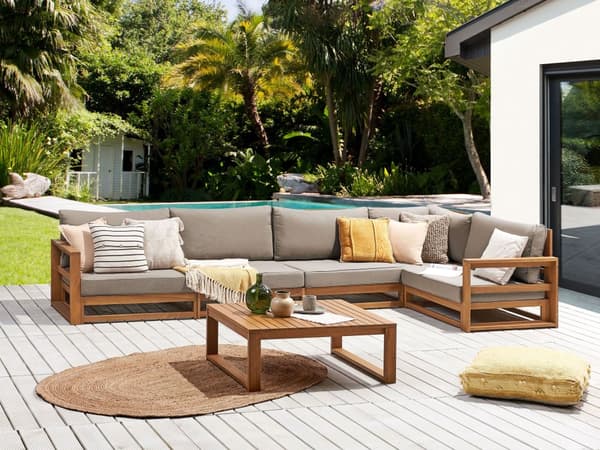 Loungesett Lyst tre Taupe Sertifisert akasietre 5-seters hjørnesofa Sofabord Puter Modulmøbler Moderne design Hage Utemøbler Sittegruppe