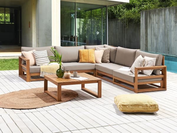 Loungesett Lyst tre Taupe Sertifisert akasietre 5-seters hjørnesofa Sofabord Puter Modulmøbler Moderne design Hage Utemøbler Sittegruppe