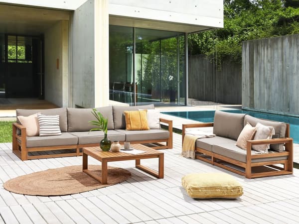 Loungesett Lyst tre Taupe Sertifisert akasietre 5 sitteplasser 2 sofaer 1 sofabord Puter Modulmøbler Moderne design Hage Utemøbler Sittegruppe