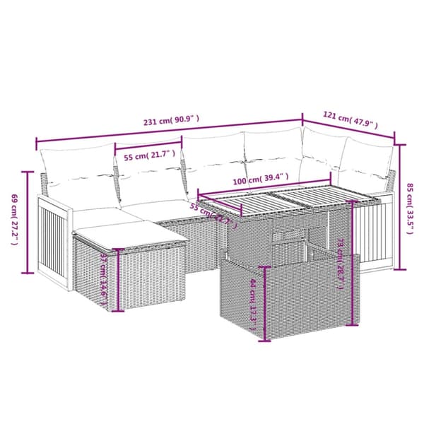 vidaXL sofasæt til haven 7 dele med hynder polyrattan sort