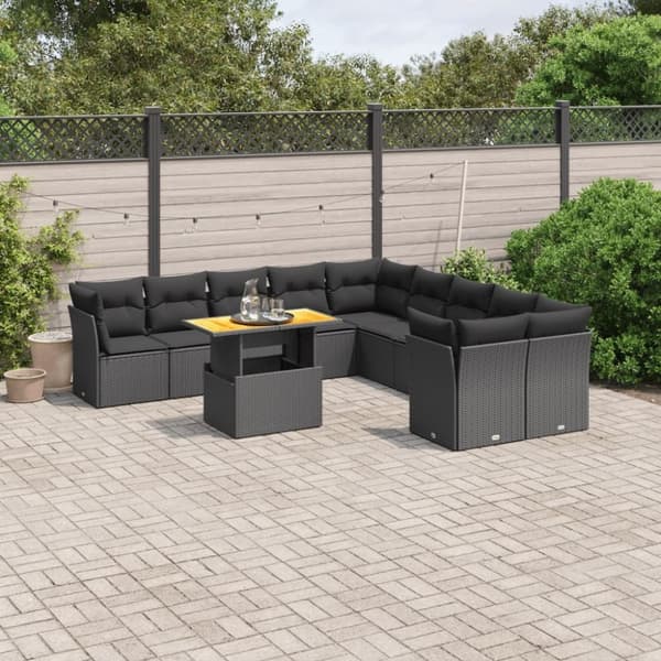 vidaXL sofasæt til haven 11 dele med hynder polyrattan sort