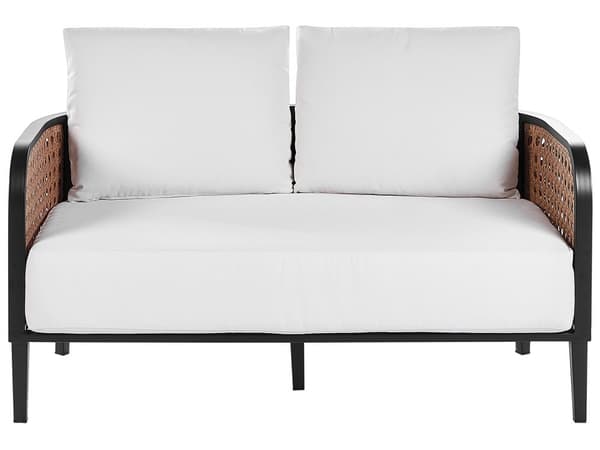 Hagesofasett Svart aluminiumsramme Off-White vannavvisende stoffputer 2-seters sett med sofabord og lenestoler