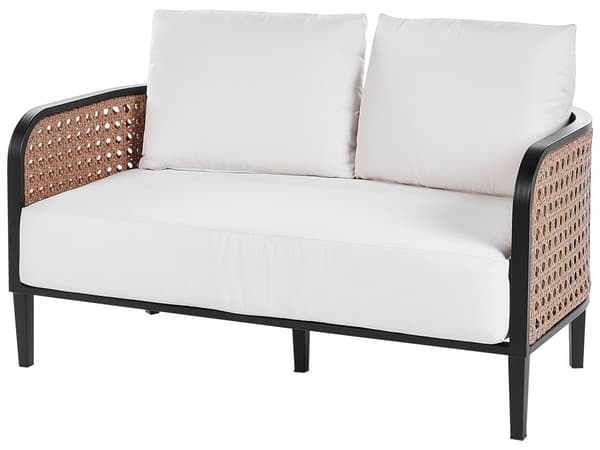 Hagesofasett Svart aluminiumsramme Off-White vannavvisende stoffputer 2-seters sett med sofabord og lenestoler