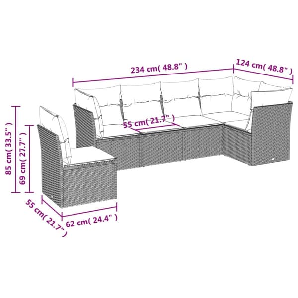 vidaXL sofasæt til haven 6 dele med hynder polyrattan brun