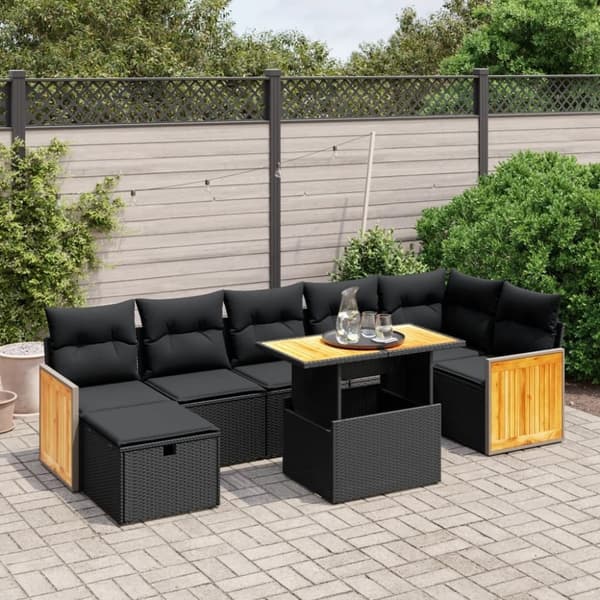 vidaXL Loungegrupp för trädgården med dynor 8 delar svart konstrotting