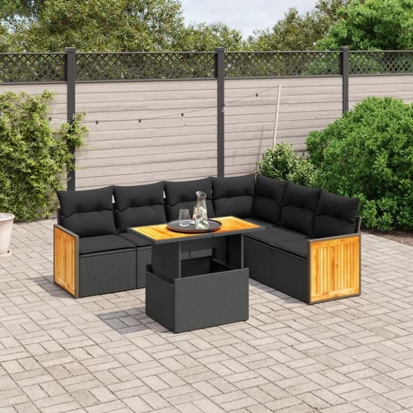 vidaXL sofasæt til haven 7 dele med hynder polyrattan sort