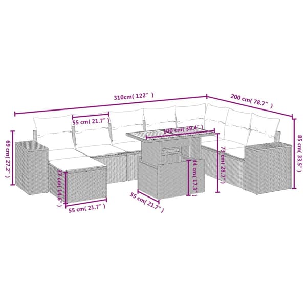 vidaXL sofasæt til haven 9 dele med hynder polyrattan sort