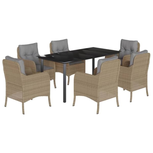 vidaXL spisebordssæt til haven 7 dele med hynder polyrattan beige