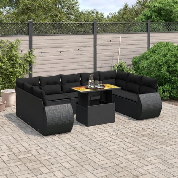 vidaXL sofasæt til haven 10 dele med hynder polyrattan sort