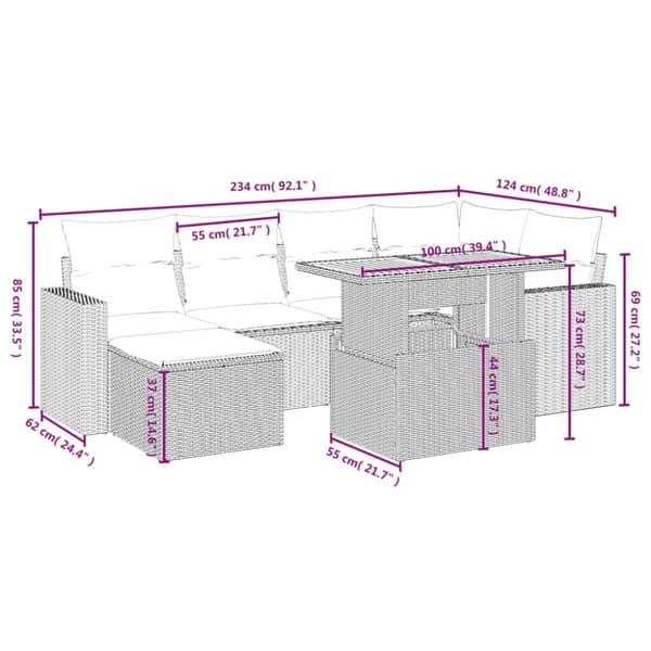 vidaXL sofasæt til haven 7 dele med hynder polyrattan sort