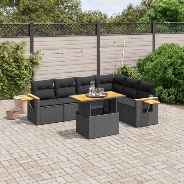 vidaXL sofasæt til haven 7 dele med hynder polyrattan sort