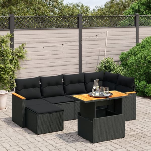 vidaXL sofasæt til haven 7 dele med hynder polyrattan sort