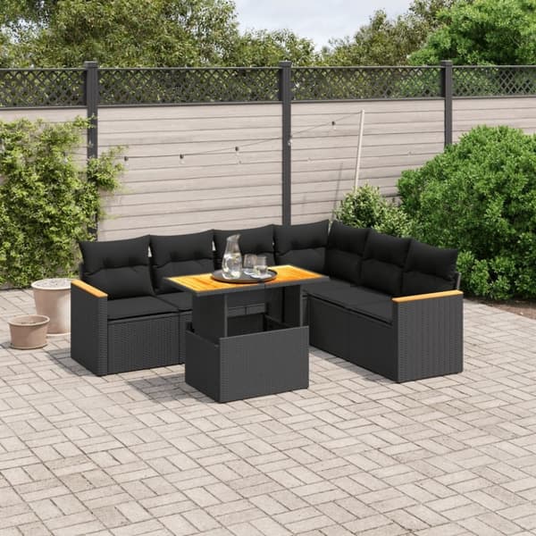 vidaXL sofasæt til haven 7 dele med hynder polyrattan sort