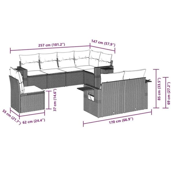 vidaXL sofasæt til haven 8 dele med hynder polyrattan sort