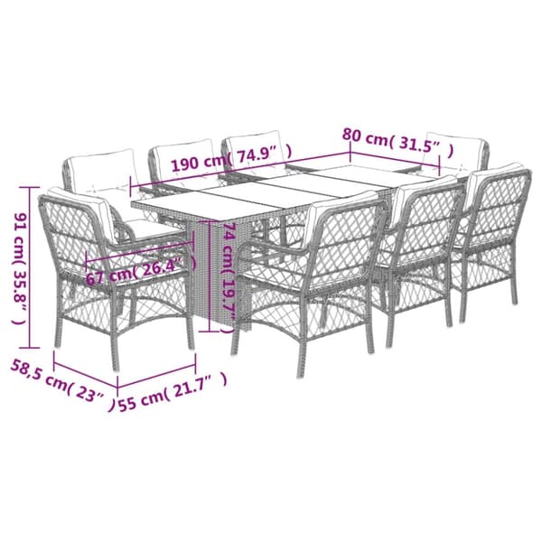 vidaXL Matgrupp för trädgården med dynor 9 delar beige konstrotting