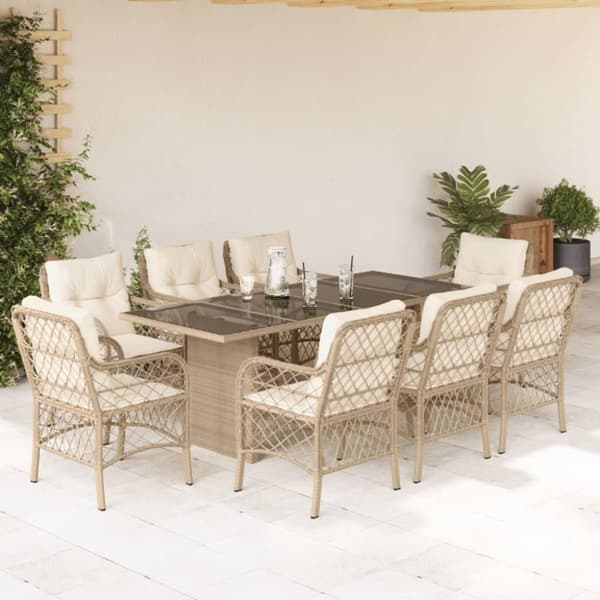 vidaXL Matgrupp för trädgården med dynor 9 delar beige konstrotting