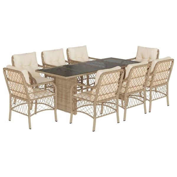 vidaXL Matgrupp för trädgården med dynor 9 delar beige konstrotting