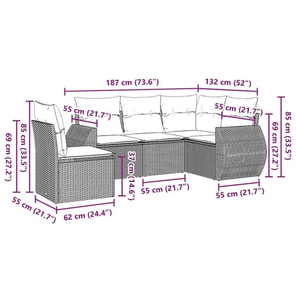 vidaXL sofasæt til haven 5 dele med hynder polyrattan sort