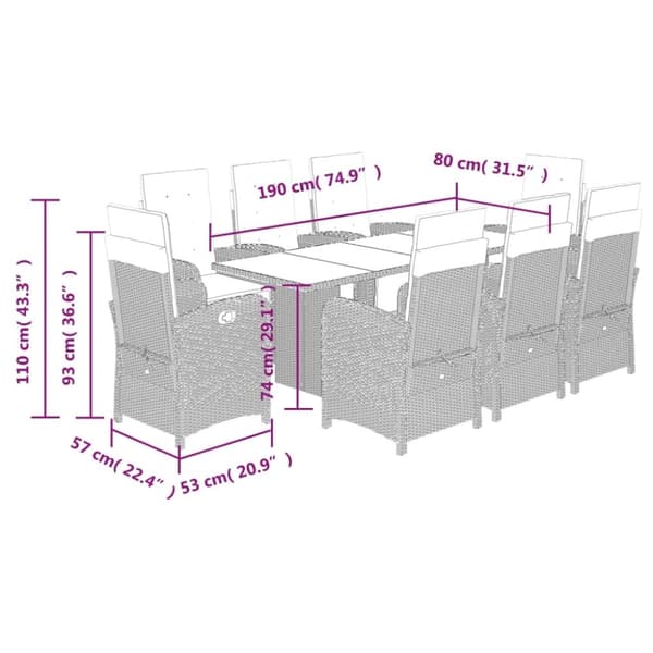 vidaXL 9-osainen Ulkoruokailuryhmä tyynyillä musta polyrottinki