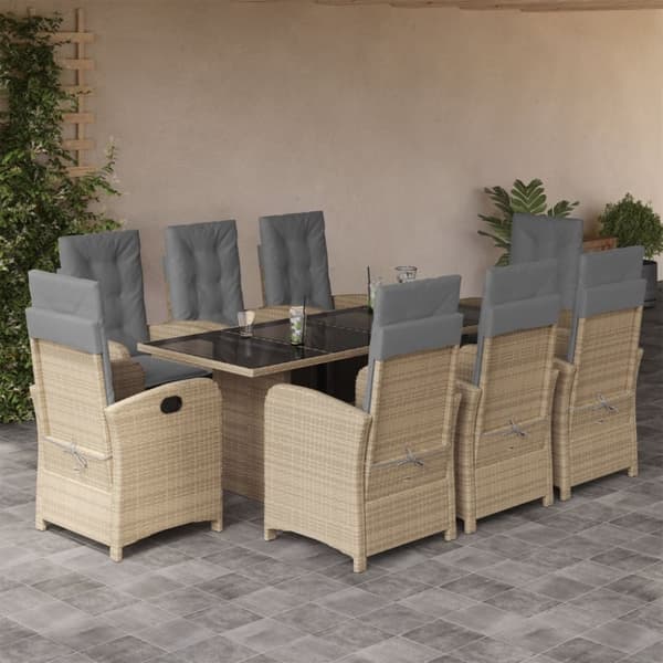 vidaXL spisebordssæt til haven 9 dele med hynder polyrattan beige