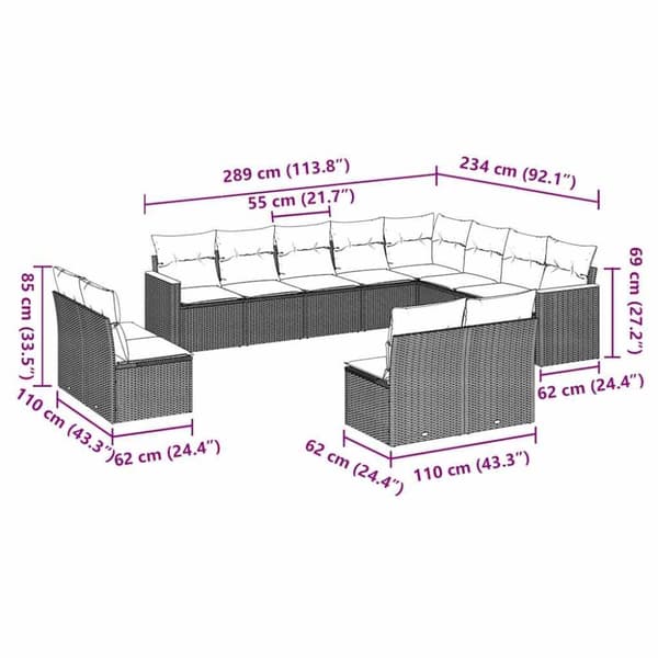 vidaXL sofasæt til haven 12 dele med hynder polyrattan sort