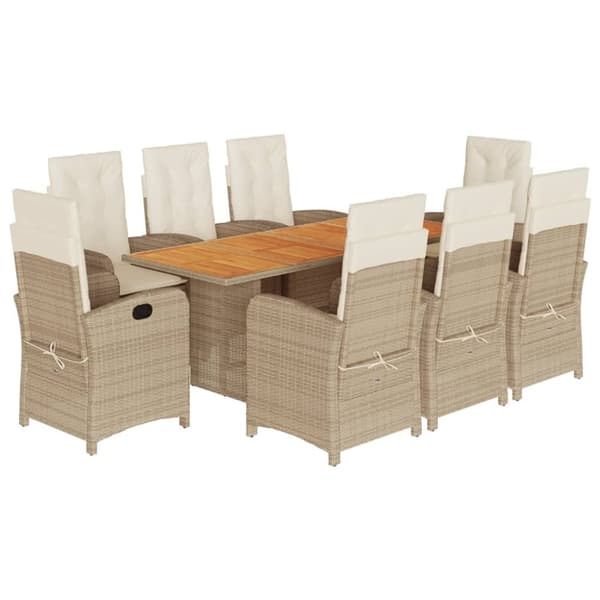 vidaXL spisebordssæt til haven 9 dele med hynder polyrattan beige