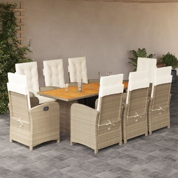 vidaXL spisebordssæt til haven 9 dele med hynder polyrattan beige