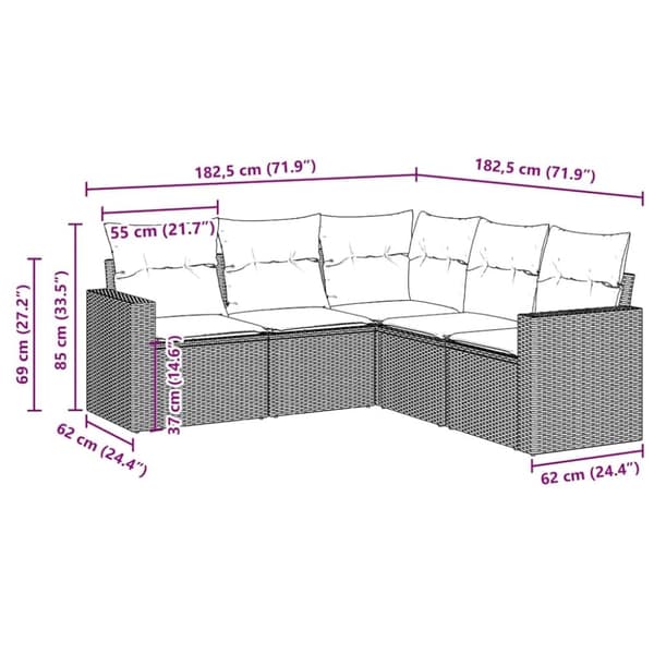 vidaXL sofasæt til haven 5 dele med hynder polyrattan brun