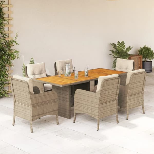 vidaXL spisebordssæt til haven 7 dele med hynder polyrattan beige