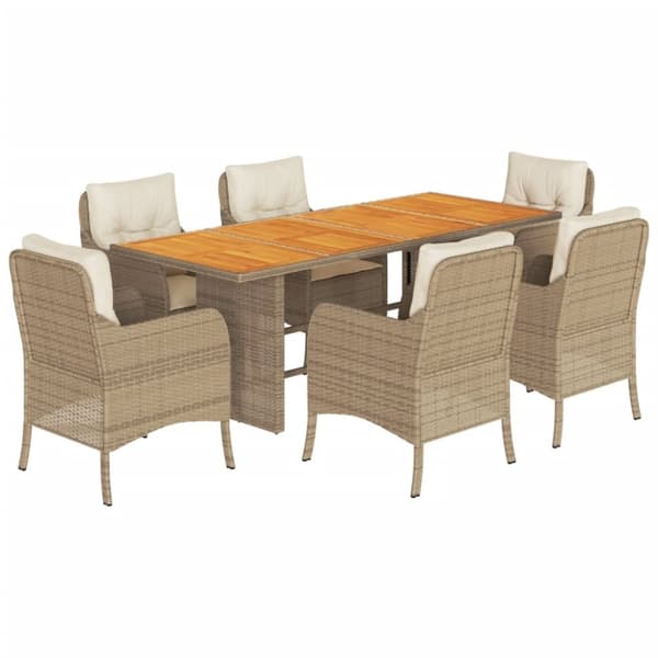 vidaXL spisebordssæt til haven 7 dele med hynder polyrattan beige