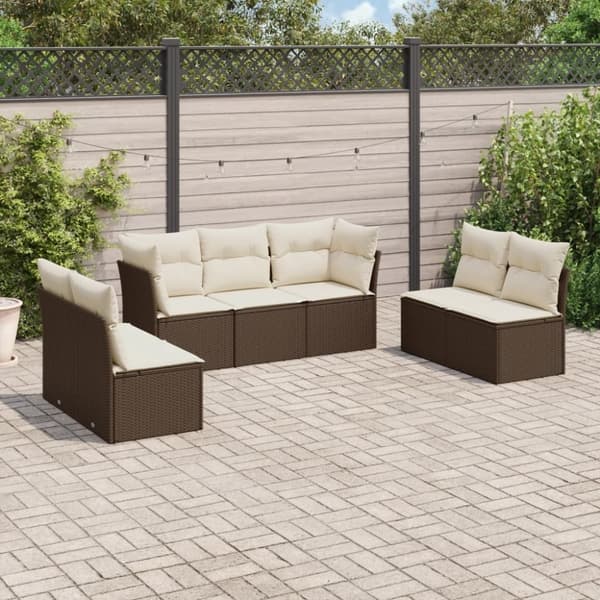 vidaXL sofasæt til haven 7 dele med hynder polyrattan brun