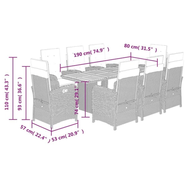 vidaXL 9-osainen Ulkoruokailuryhmä tyynyillä musta polyrottinki
