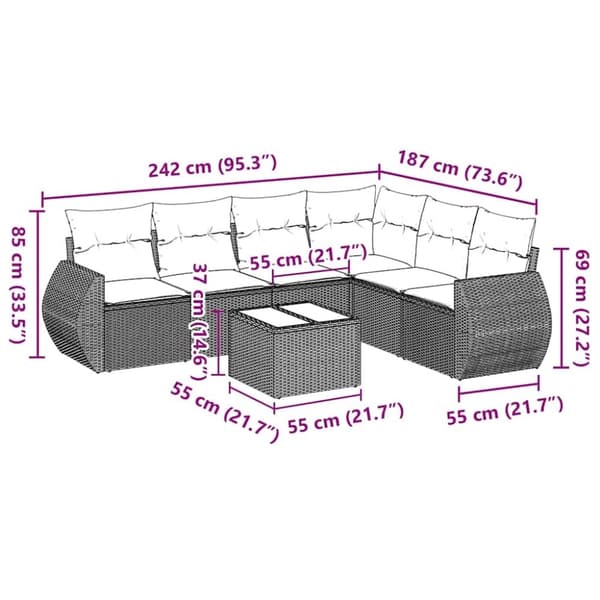 vidaXL sofasæt til haven 7 dele med hynder polyrattan sort