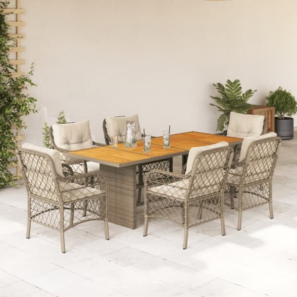 vidaXL spisebordssæt til haven 7 dele med hynder polyrattan beige
