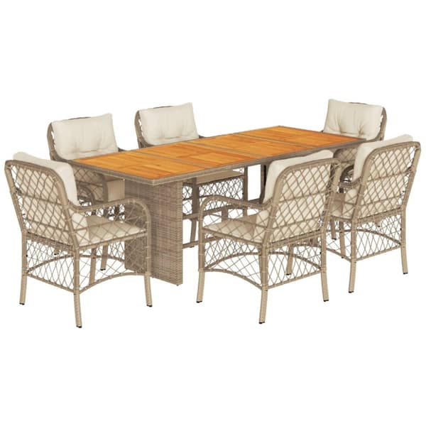 vidaXL spisebordssæt til haven 7 dele med hynder polyrattan beige