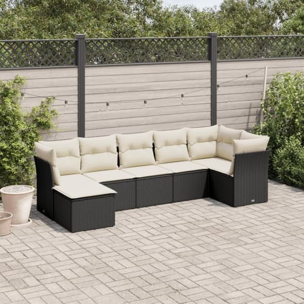 vidaXL sofasæt til haven 7 dele med hynder polyrattan sort
