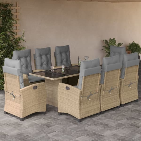 vidaXL spisebordssæt til haven 9 dele med hynder polyrattan beige