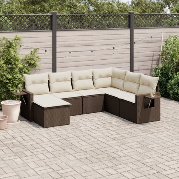 vidaXL sofasæt til haven 7 dele med hynder polyrattan brun