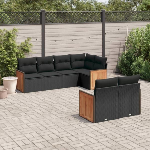 vidaXL sofasæt til haven 7 dele med hynder polyrattan sort