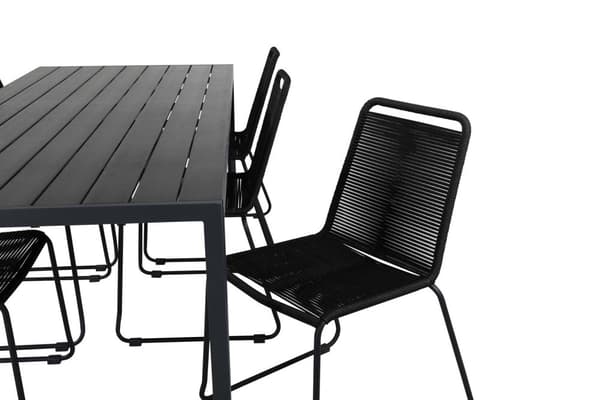 Break hagesett bord 90x205cm svart, 6 stoler Lindos svart.